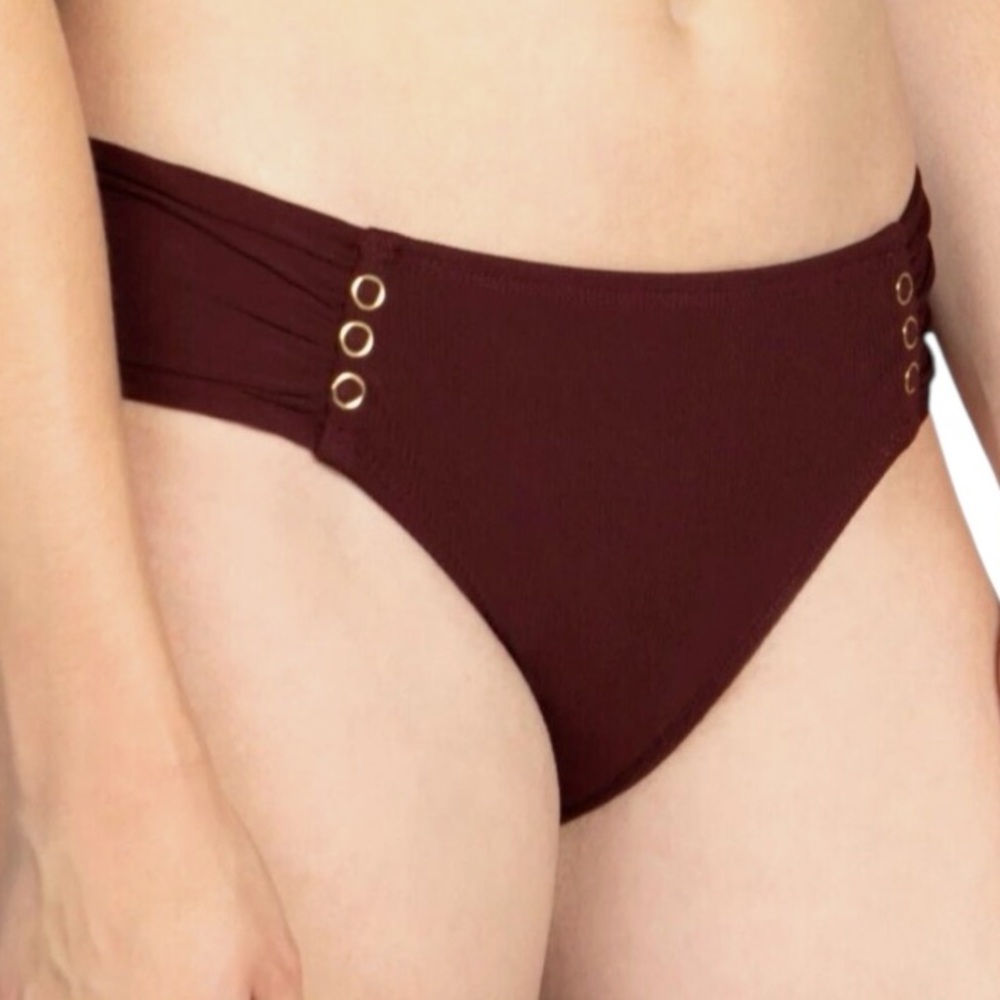 ROBIN PICCONE Amy Snap Detail Tab Side Bikini Bottom Size Small in Allspice NWT